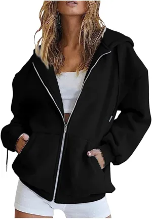 Women Oversized Hoodies Sweatshirts Solid Zipper Long Sleeve Jacket Tops Pullover Drawstring Trendy Outfit with Pocket
