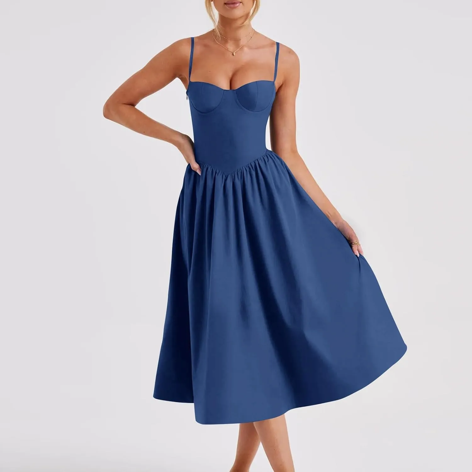 Women Summer 2025 Maxi Dress Spaghetti Strap Back CRIS Cross Flowy Pleated Hem Corset Skirt Church Work Dresses Outfits