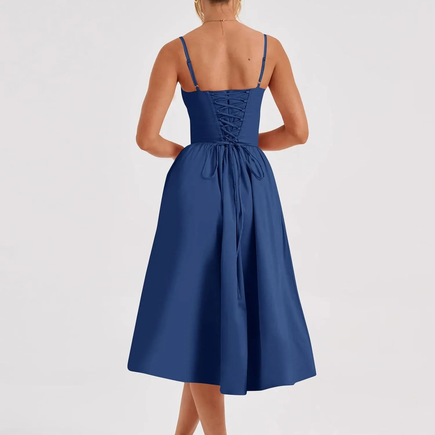 Women Summer 2025 Maxi Dress Spaghetti Strap Back CRIS Cross Flowy Pleated Hem Corset Skirt Church Work Dresses Outfits
