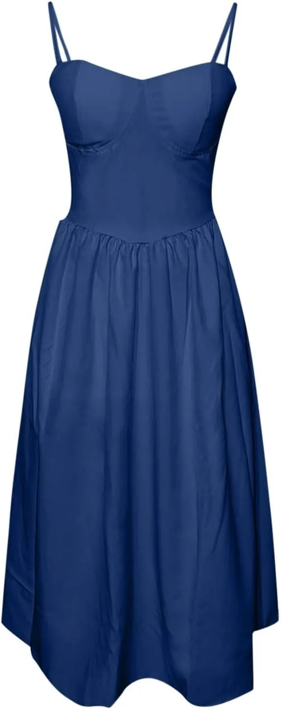 Women Summer 2025 Maxi Dress Spaghetti Strap Back CRIS Cross Flowy Pleated Hem Corset Skirt Church Work Dresses Outfits