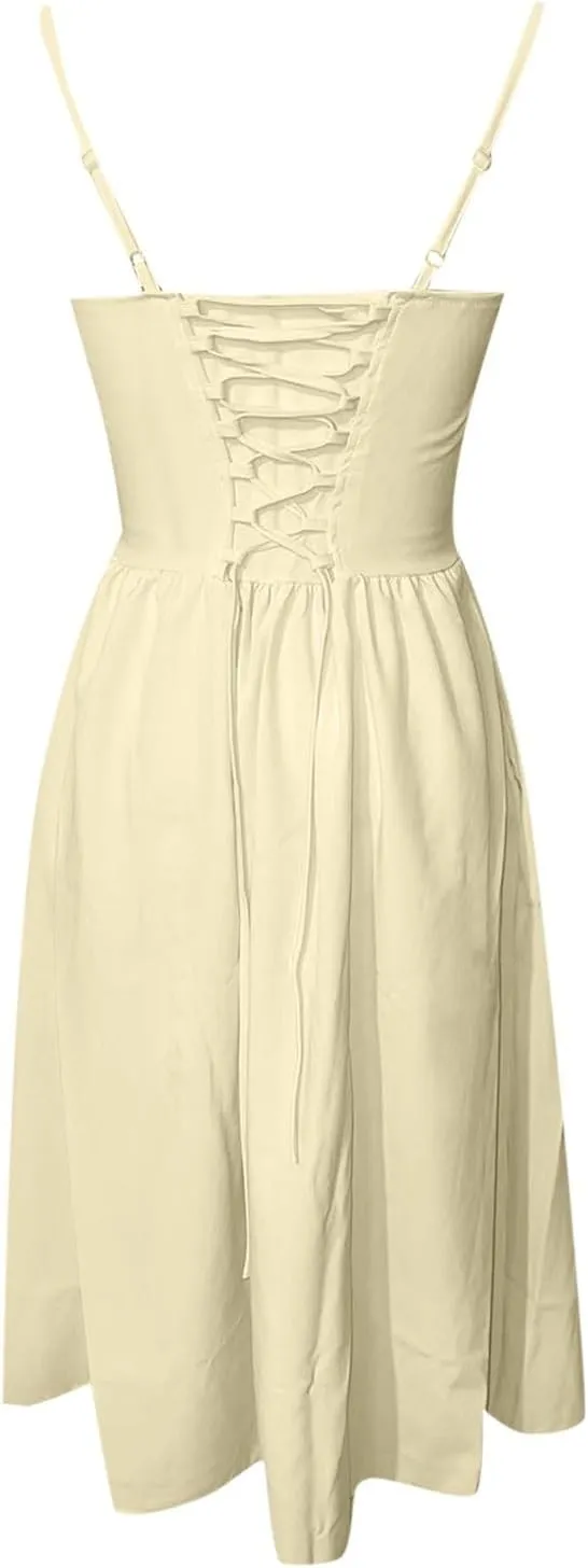 Women Summer 2025 Maxi Dress Spaghetti Strap Back CRIS Cross Flowy Pleated Hem Corset Skirt Church Work Dresses Outfits