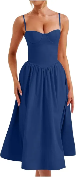 Women Summer 2025 Maxi Dress Spaghetti Strap Back CRIS Cross Flowy Pleated Hem Corset Skirt Church Work Dresses Outfits