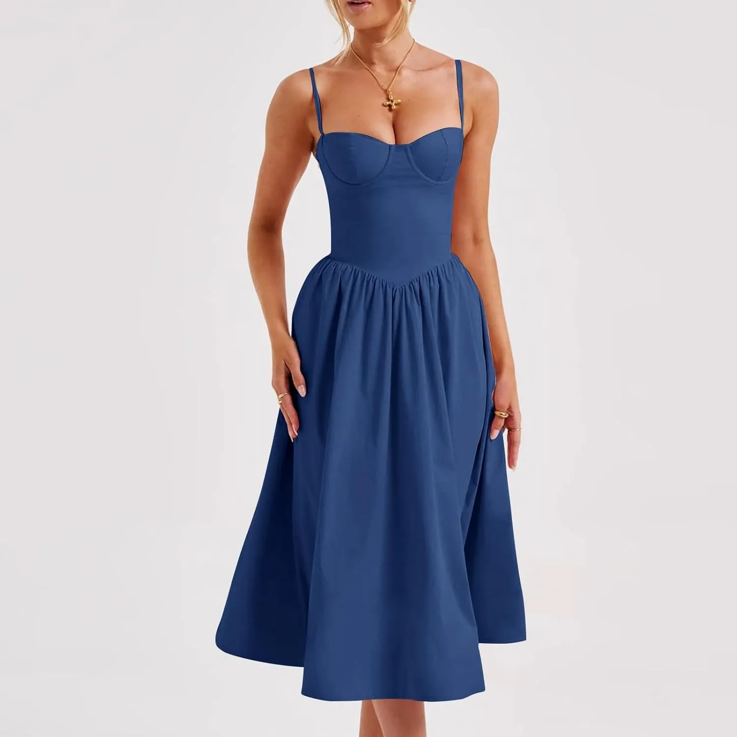 Women Summer 2025 Maxi Dress Spaghetti Strap Back CRIS Cross Flowy Pleated Hem Corset Skirt Church Work Dresses Outfits