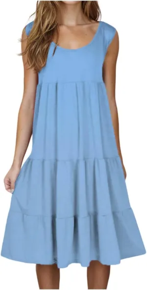 Women Summer Dresses 2025 Sleeveless Casual Loose Swing Midi Dress with Pockets Boho Beach Vacation Sundress