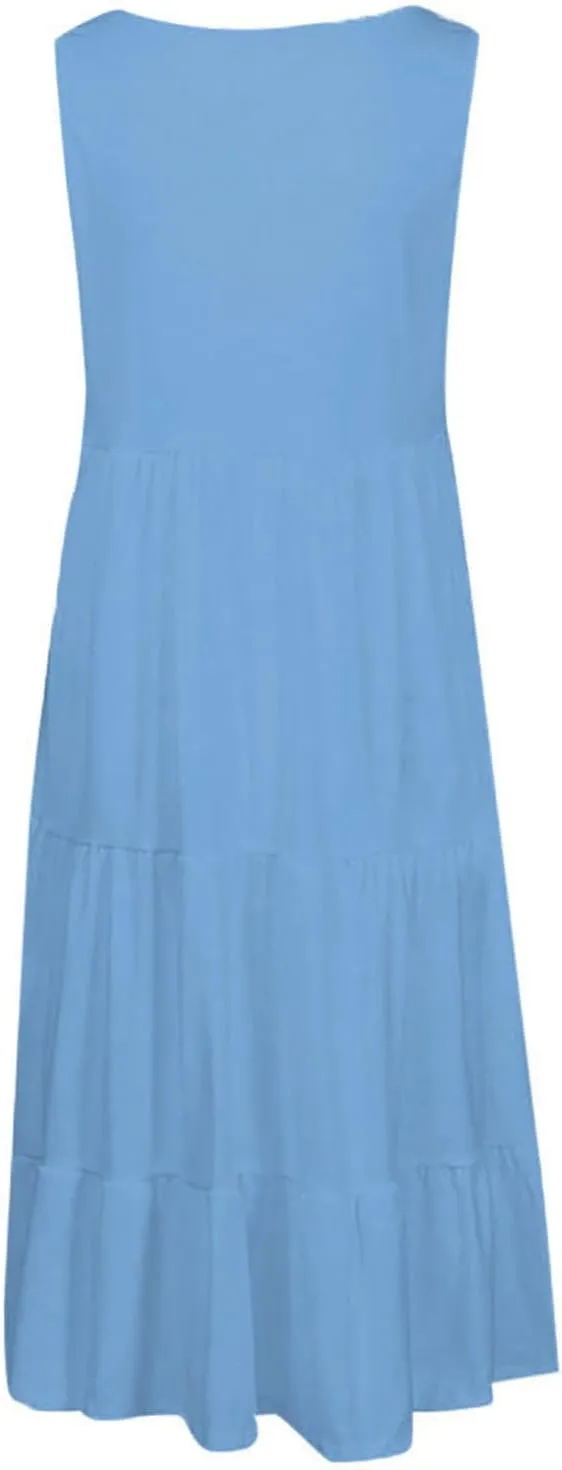 Women Summer Dresses 2025 Sleeveless Casual Loose Swing Midi Dress with Pockets Boho Beach Vacation Sundress