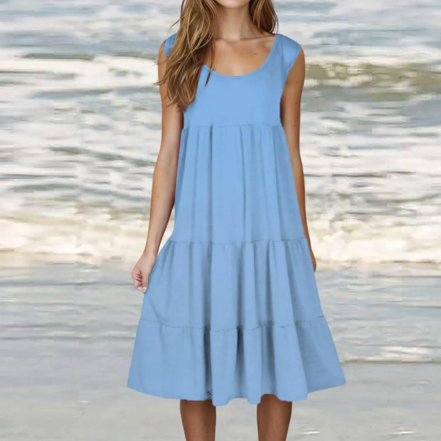 Women Summer Dresses 2025 Sleeveless Casual Loose Swing Midi Dress with Pockets Boho Beach Vacation Sundress