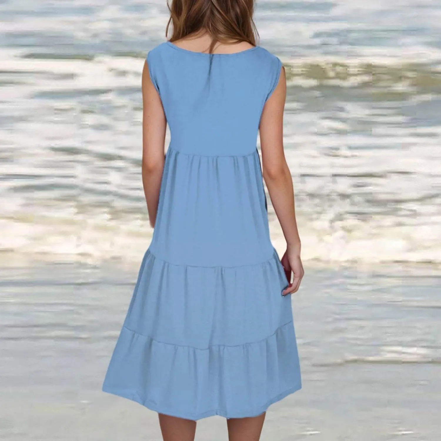 Women Summer Dresses 2025 Sleeveless Casual Loose Swing Midi Dress with Pockets Boho Beach Vacation Sundress