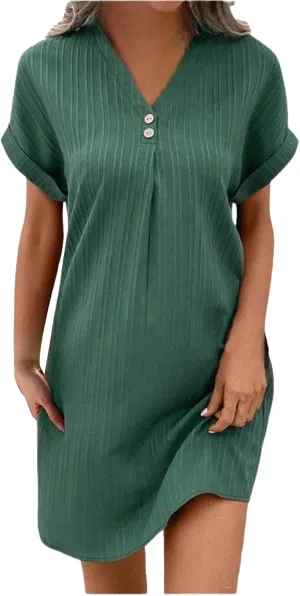 Womens Casual Summer Dresses Button Up V Neck Short Sleeve Mini Dress Dressy Work Tshirt Dress
