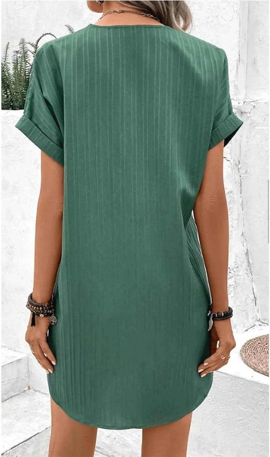 Womens Casual Summer Dresses Button Up V Neck Short Sleeve Mini Dress Dressy Work Tshirt Dress