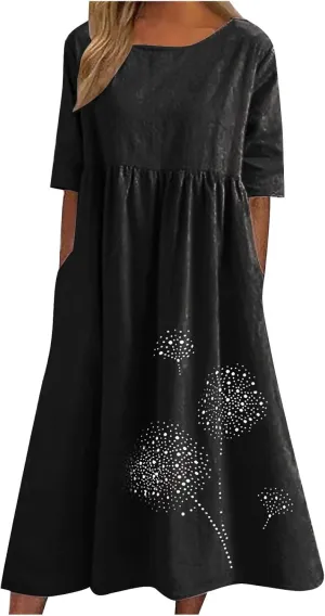 Women's Cotton Linen Dresses Plus Size Casual Midi Dresses 2025 Trendy Short Sleeve Summer Dress with Pockets