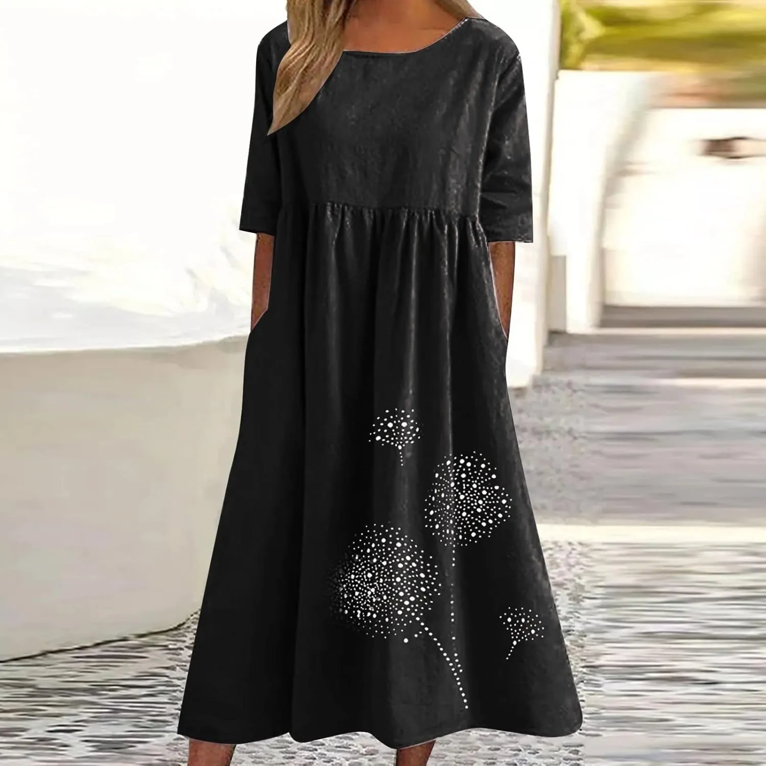 Women's Cotton Linen Dresses Plus Size Casual Midi Dresses 2025 Trendy Short Sleeve Summer Dress with Pockets
