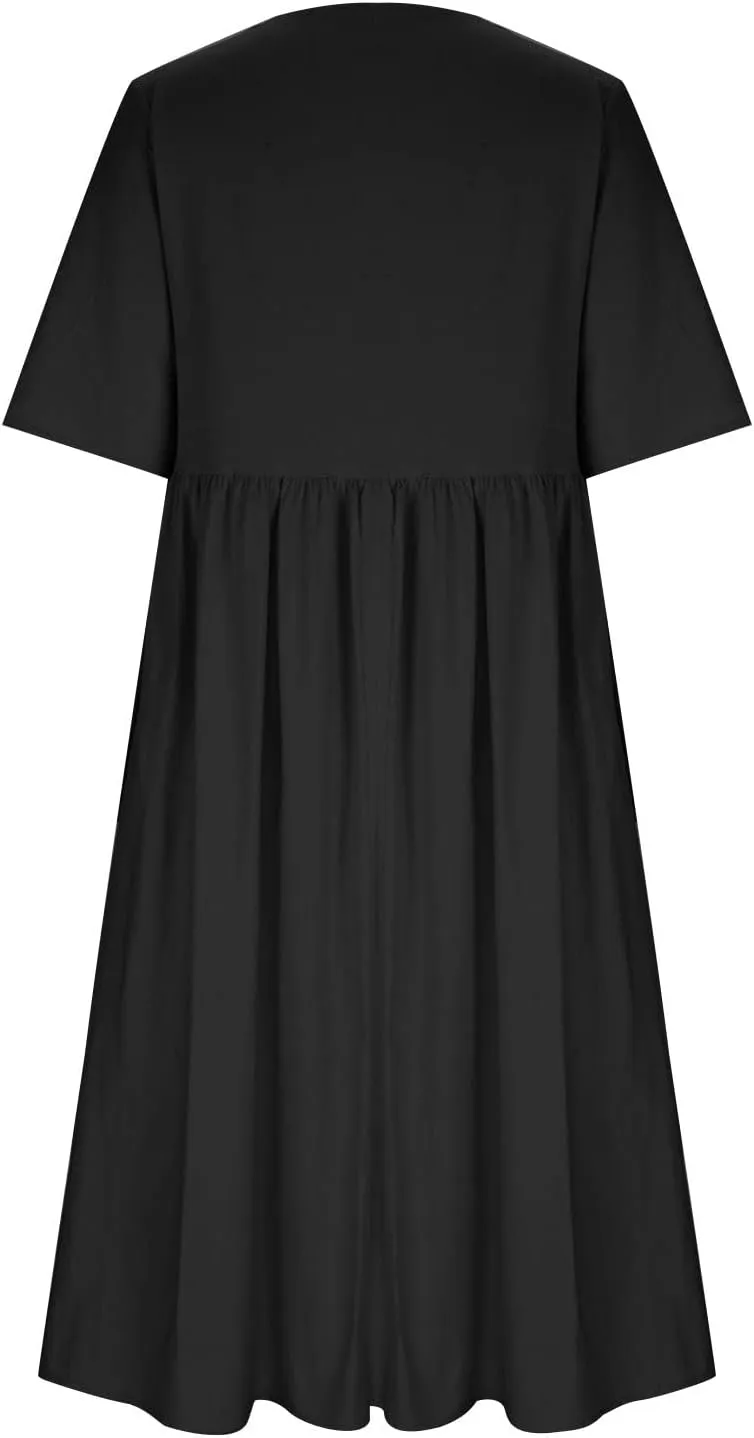 Women's Cotton Linen Dresses Plus Size Casual Midi Dresses 2025 Trendy Short Sleeve Summer Dress with Pockets