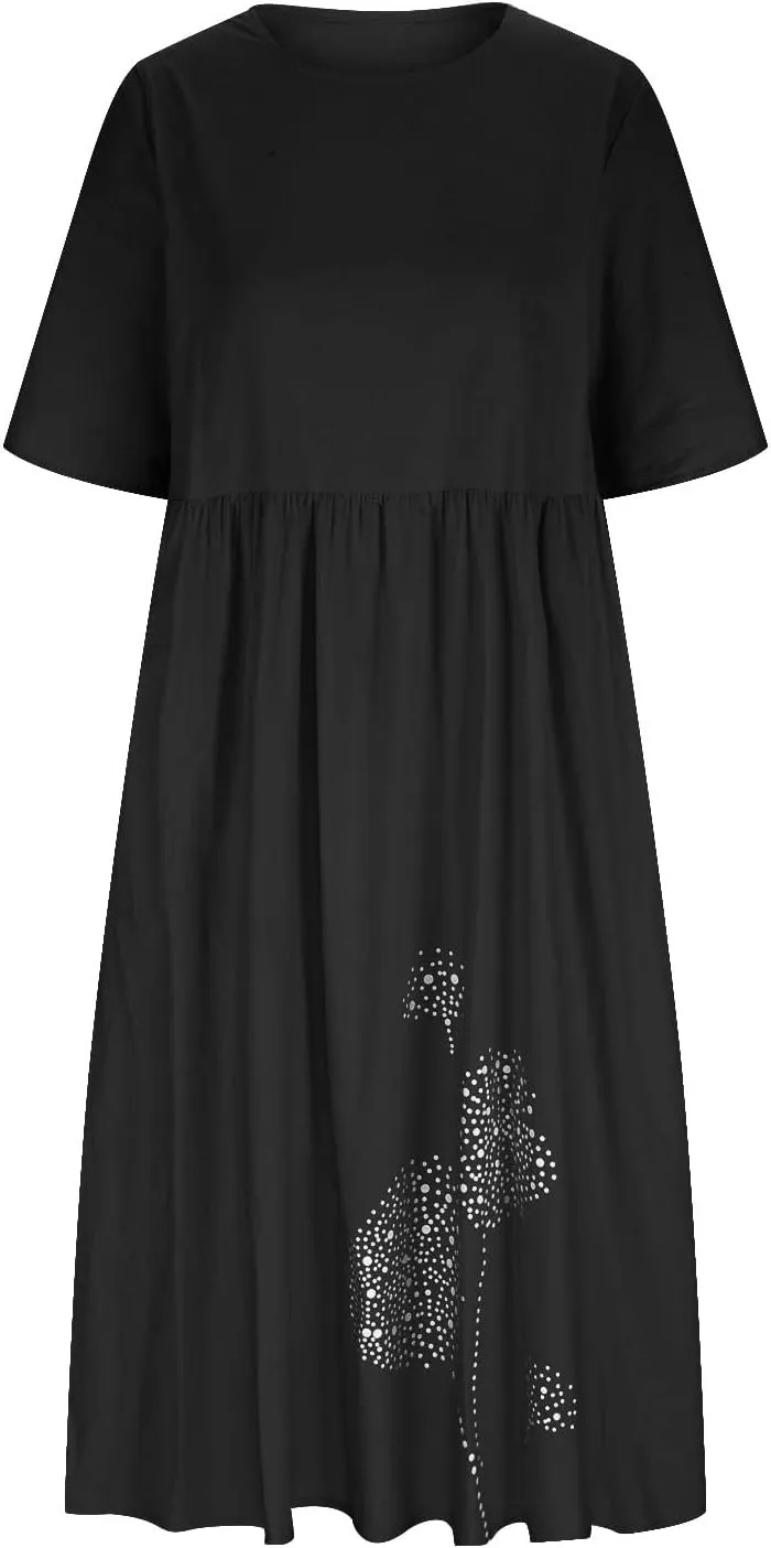 Women's Cotton Linen Dresses Plus Size Casual Midi Dresses 2025 Trendy Short Sleeve Summer Dress with Pockets
