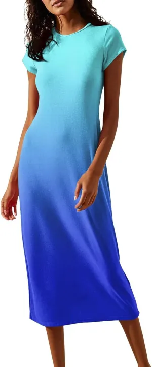Women's Hawaiian Boho Short Sleeve Crew Neck Midi a Line Dress Beach Vacation Casual 2025 Dresses