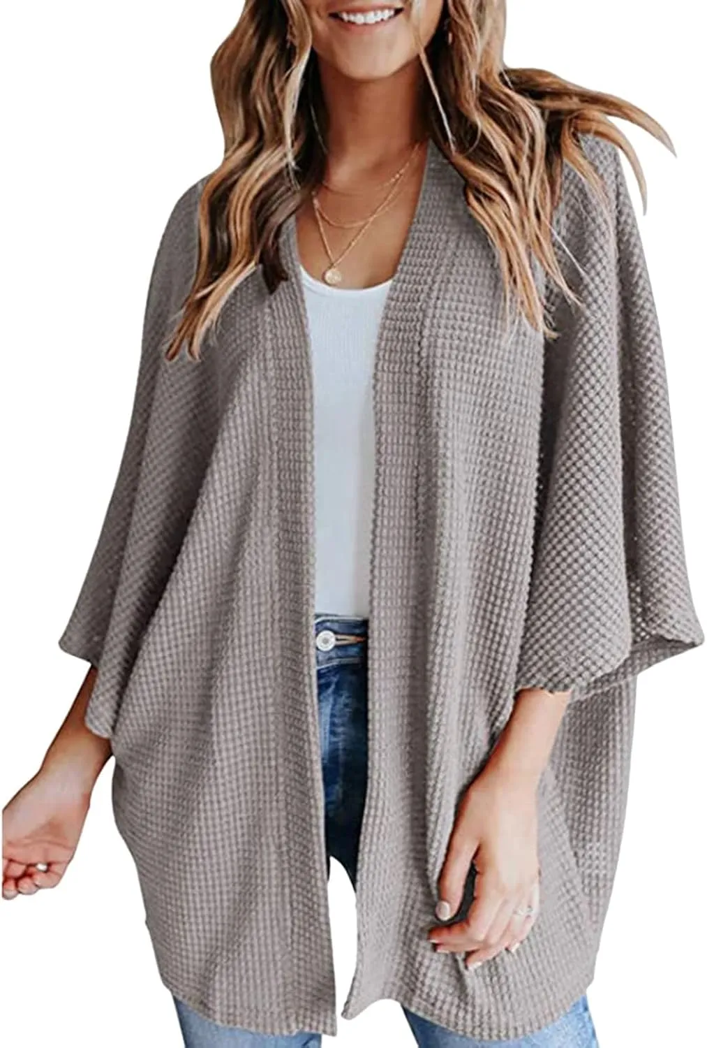 Womens Oversized Waffle Knit Sweater 3/4 Batwing Sleeve Cardigan Casual Open Front Tops Solid Colors