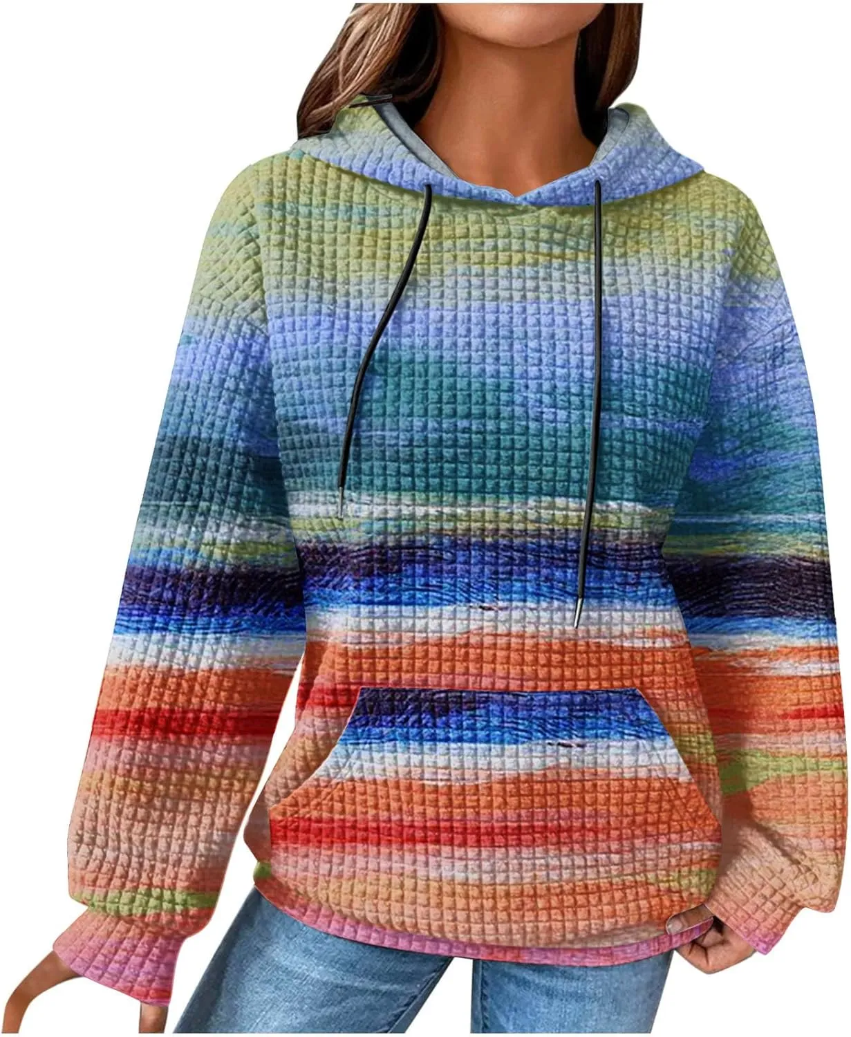 Womens Waffle Knit Trendy Sweatshirt Casual Comfort Hoodie Sweatshirts Drawstring Pullover Tops Preppy Clothes 2024
