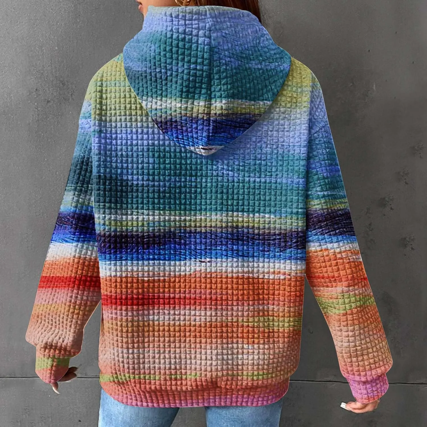 Womens Waffle Knit Trendy Sweatshirt Casual Comfort Hoodie Sweatshirts Drawstring Pullover Tops Preppy Clothes 2024