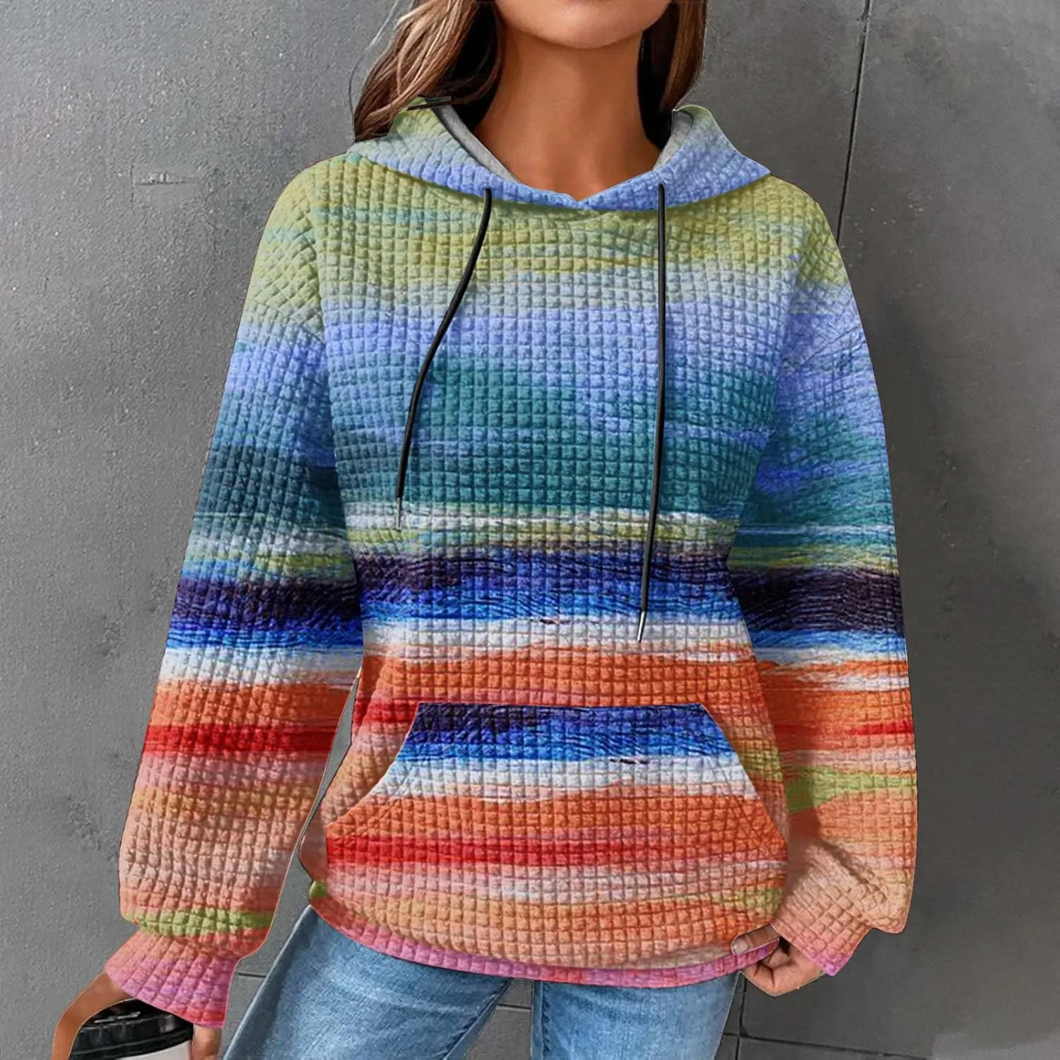 Womens Waffle Knit Trendy Sweatshirt Casual Comfort Hoodie Sweatshirts Drawstring Pullover Tops Preppy Clothes 2024
